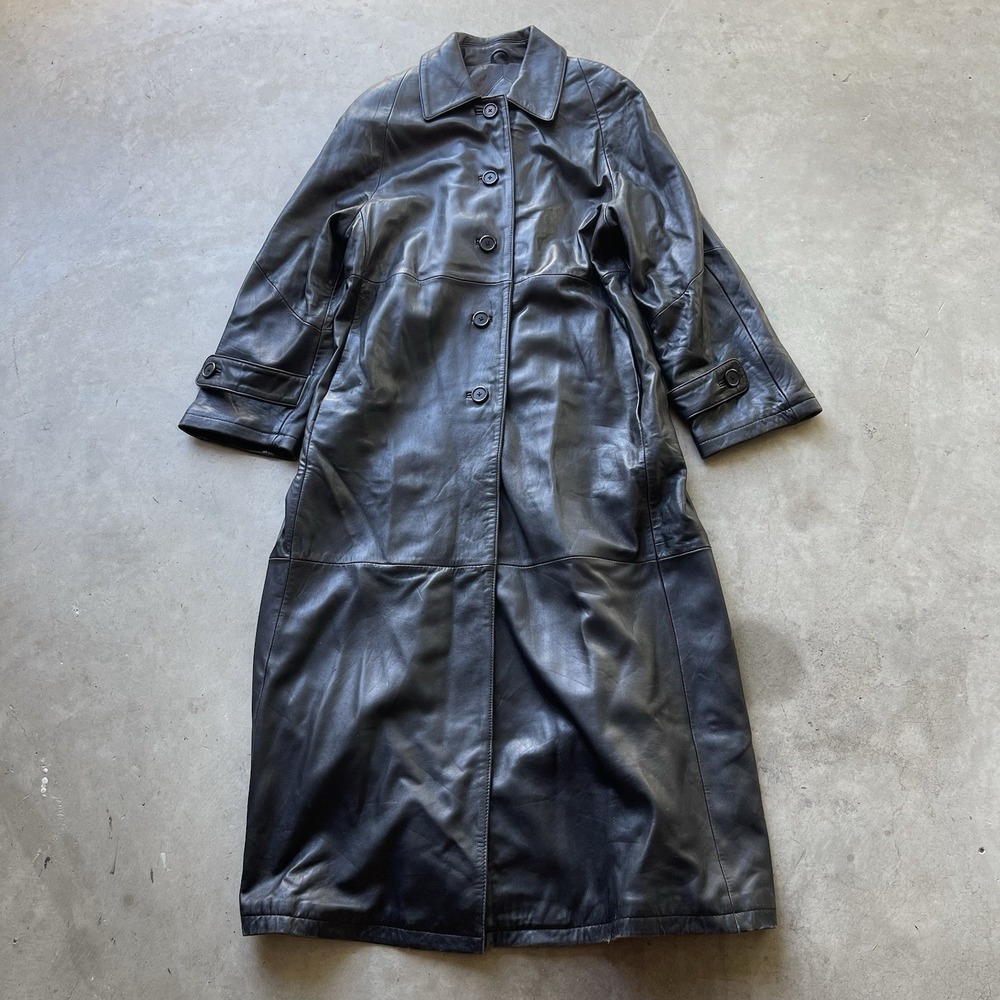 Valerie Stevens New Zealand Lambskin Black Leather Trench Coat Pockets Size M